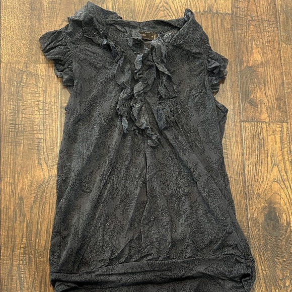 The Limited Tops - The Limited Black Ruffled Cap-Sleeve Paisley Blouse